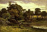 Edward Mitchell Bannister Canvas Paintings - landscape, boat moored near stream, man walking in foreground